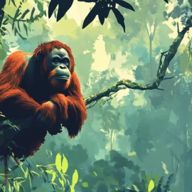 A wild orangutan resting on a high branch in a jungle, an animal at risk in the sixth mass extinction