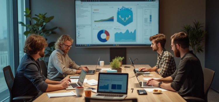 Four men on a team engaging in continuous product discovery in a conference room with laptops and a big screen