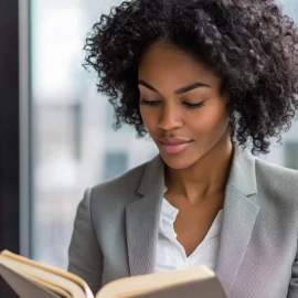 A professional woman wearing a suit, reading a book in an office