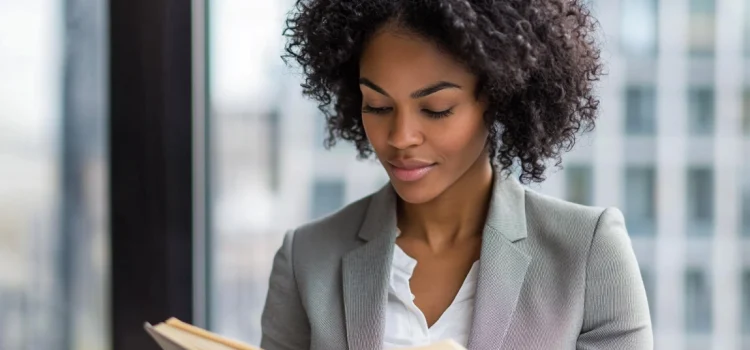 A professional woman wearing a suit, reading a book in an office