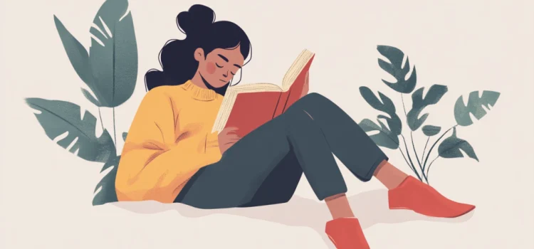 A drawing of a sad woman reading a book