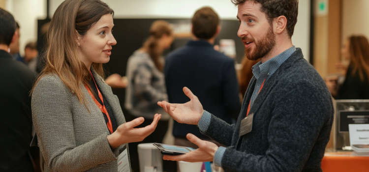 A salesperson pitching a product to a woman at an event, explaining the advantages of a network marketing business