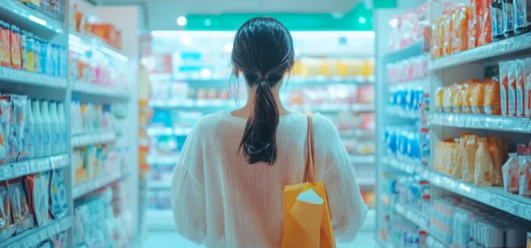 A woman in the aisle of a store, showing what affects consumer behavior