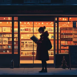 A shopper reading in a book in front of a store