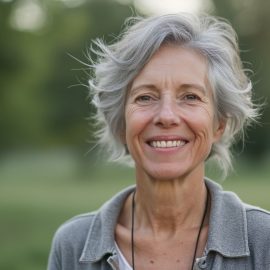 A smiling gray-haired woman outdoors with trees and grass in the background illustrates the power of desire