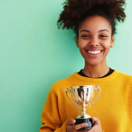 A smiling woman holding a trophy in a meritocracy society