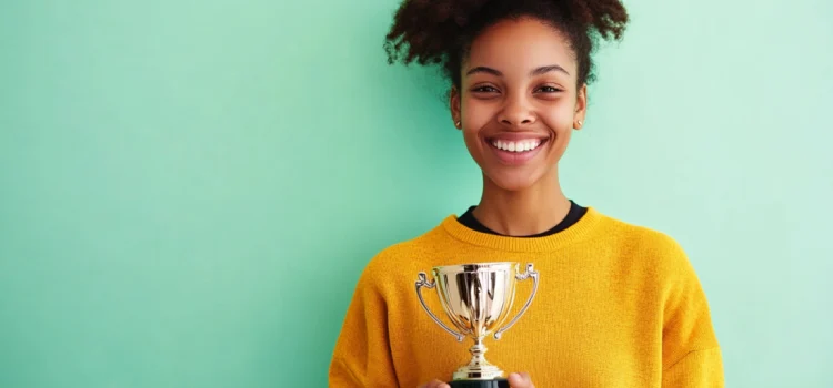 Una mujer sonriente con un trofeo en una sociedad meritocrática