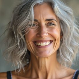 A smiling woman with wavy gray hair illustrates embracing gray hair