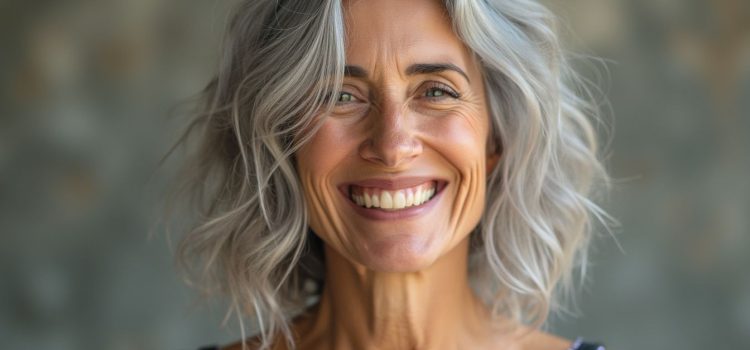 A smiling woman with wavy gray hair illustrates embracing gray hair