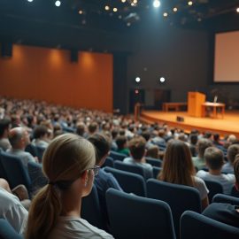 An auditorium with a speaker, audience, and screen with the letters "DEI" on it illustrate the question about the end of DEI