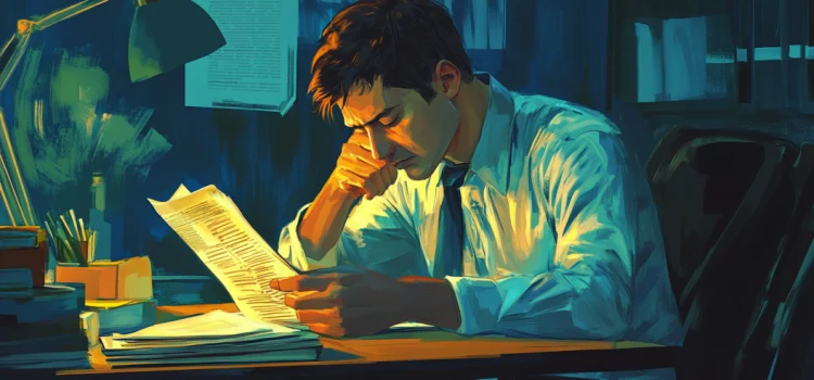 A man stressed out by paperwork at his desk, who needs to learn how to overcome challenges at work