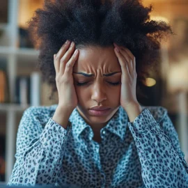 A woman struggling to cope with ADHD challenges, holding her head in frustration