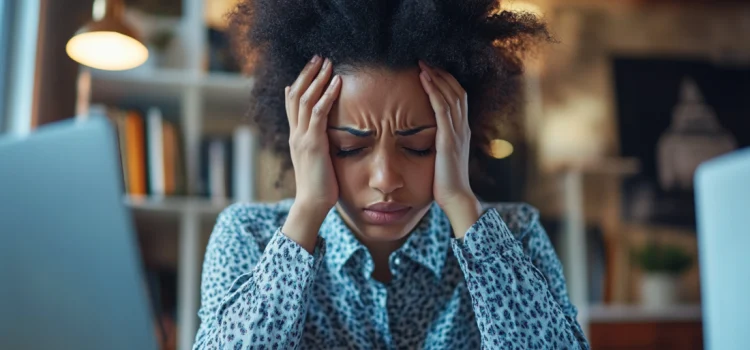 A woman struggling to cope with ADHD challenges, holding her head in frustration