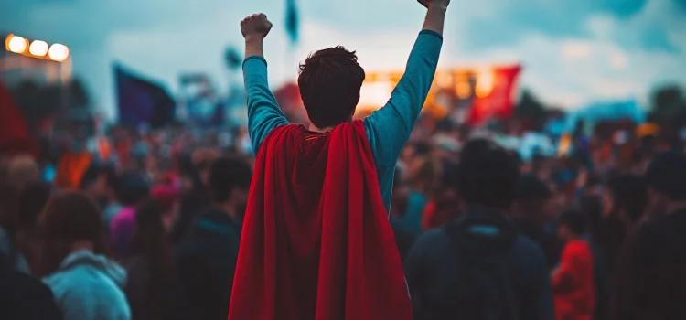 A man dressed as Superman with a red cape doing a superhero pose in a crowd, showing the importance of power