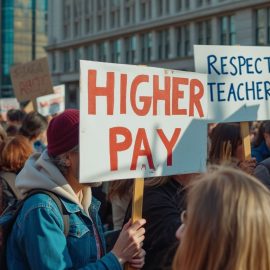 People on strike with signs that say "HIGHER PAY" and "RESPECT TEACHERS" illustrate the NEA strike in 2024