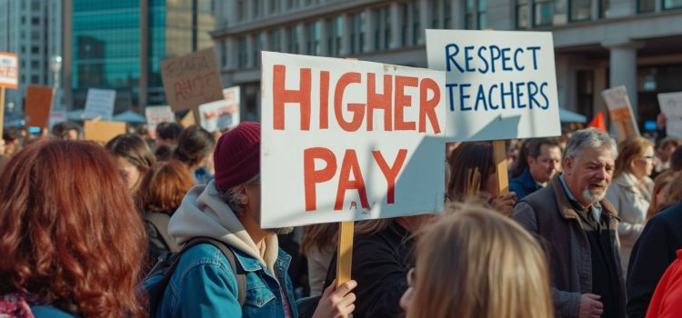 People on strike with signs that say "HIGHER PAY" and "RESPECT TEACHERS" illustrate the NEA strike in 2024