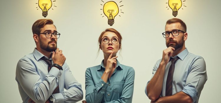 Three professional people thinking with light bulbs above their heads illustrates product brainstorming