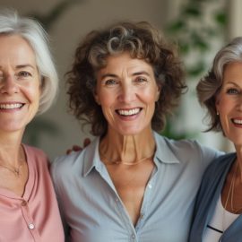 Three smiling middle-aged women illustrate how to age gracefully