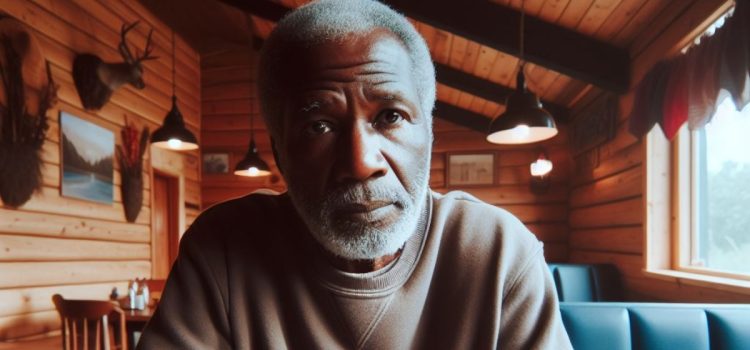 A sad man with gray hair and beard sitting in a booth in a cabin-style restaurant