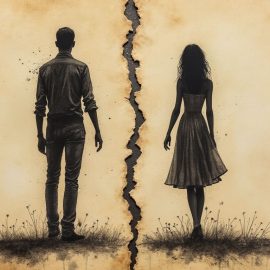 A sketch of a man and woman, seen from behind, on paper, with a tear (rip) between them