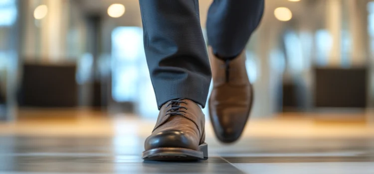 A man wearing business attire walking through a business and using effective leadership strategies