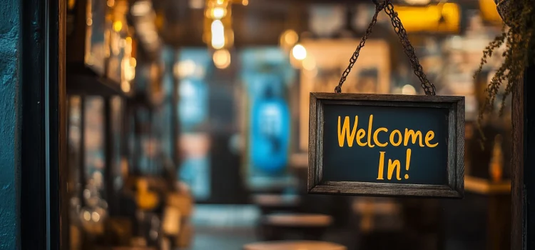 A sign that says "Welcome In!" on a window peaking into the retail environment of a store