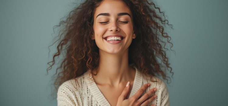 A woman smiling, closing her eyes, and holding her hand over her heart illustrates finding your true desires