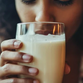 A close-up shot of a woman drinking a glass of milk amid the raw milk controversy