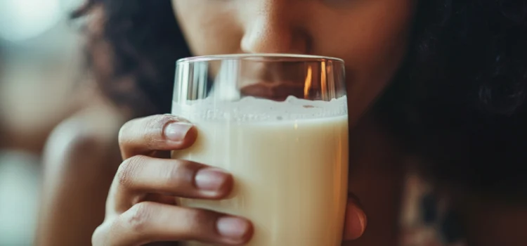 A close-up shot of a woman drinking a glass of milk amid the raw milk controversy