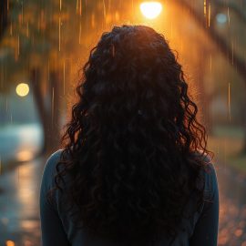 A woman with dark curly hair, seen from behind, standing in the rain