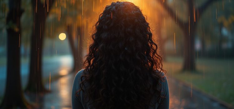 A woman with dark curly hair, seen from behind, standing in the rain