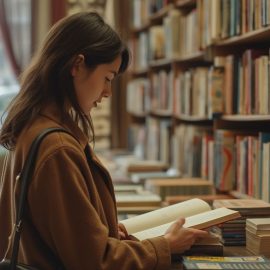 A woman looking at a book in a book store