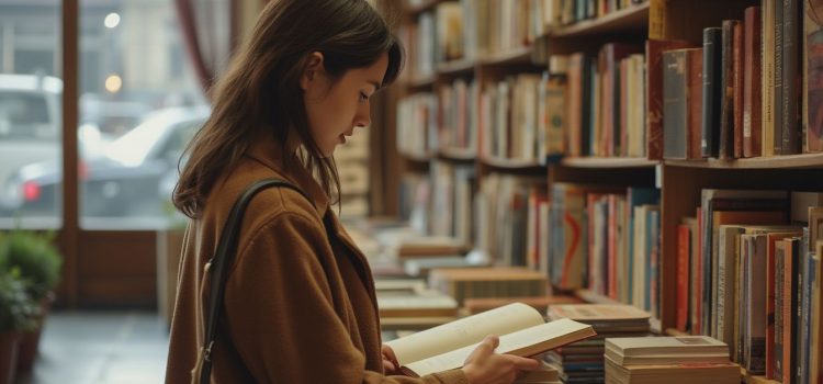 A woman looking at a book in a book store