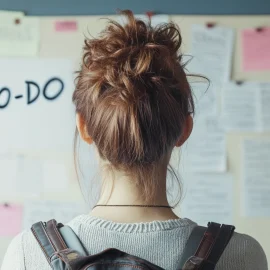 A woman looking at a board of to-do items, learning how to prioritize with ADHD