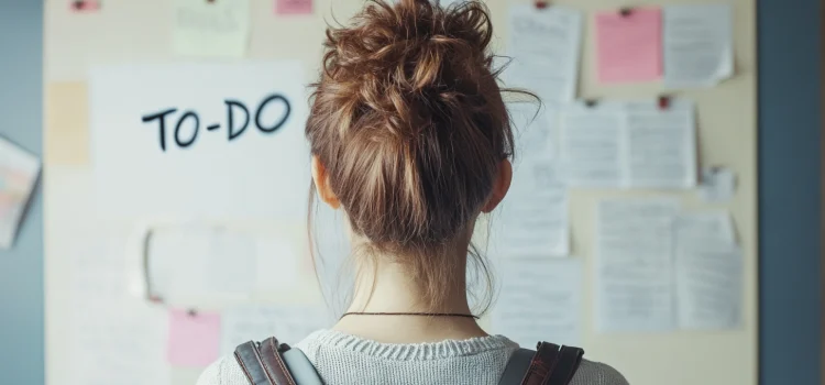 A woman looking at a board of to-do items, learning how to prioritize with ADHD