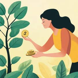 A woman picking a coin from a tree to achieve financial autonomy