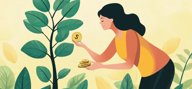 A woman picking a coin from a tree to achieve financial autonomy