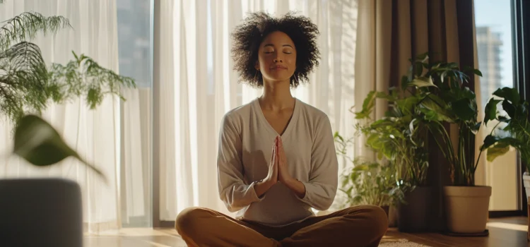 A woman feeling the power of mindfulness while meditating