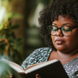 A woman reading a book with plants behind her