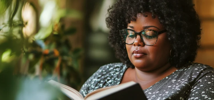 A woman reading a book with plants behind her