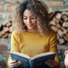 A woman reading a book beside a piggy bank and in front of a fireplace