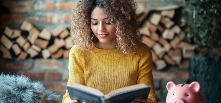 A woman reading a book beside a piggy bank and in front of a fireplace