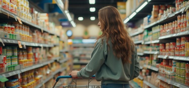 A woman shopping in the canned goods aisle of a grocery store illustrates batch cooking on a budget