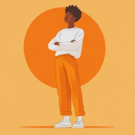 A woman standing tall in front of an orange circle by practicing 10x growth