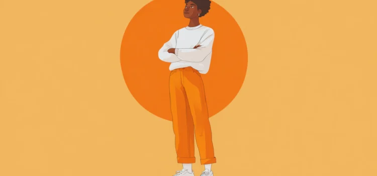 A woman standing tall in front of an orange circle by practicing 10x growth