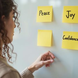 A woman looking at sticky notes on a white board that say "Peace," "Joy," and "Confidence" illustrates core desired feelings