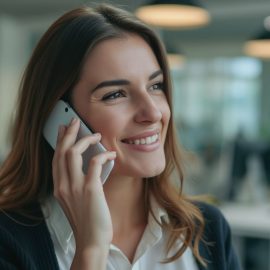 A smiling woman with brown hair conducting customer interviews on a mobile phone in an open workspace