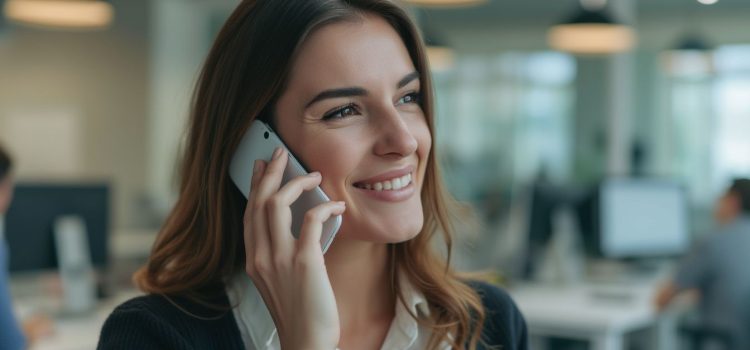 A smiling woman with brown hair conducting customer interviews on a mobile phone in an open workspace