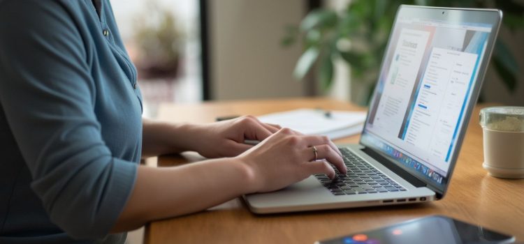 A woman typing on a laptop computer illustrates a USAJOBS application online