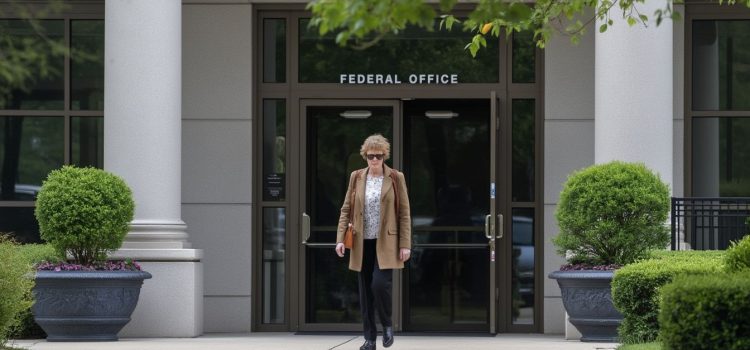 A woman walking out of a federal office building illustrates the transition from government to private sector work